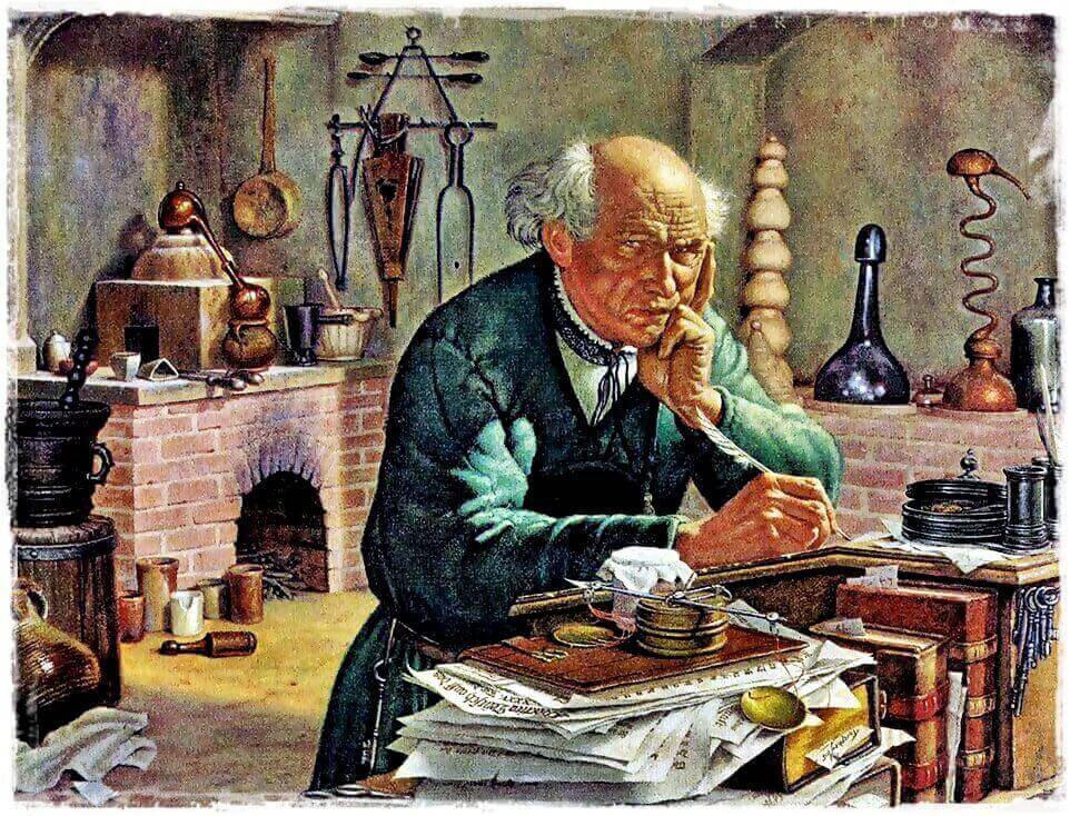 Old painting of Paracelsus writing with a quill, books and papers can be seen in the foreground and a chimney with cups and tools in the background.